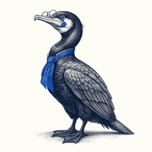 Skarv, the Skarvia cormorant, wearing reading glasses