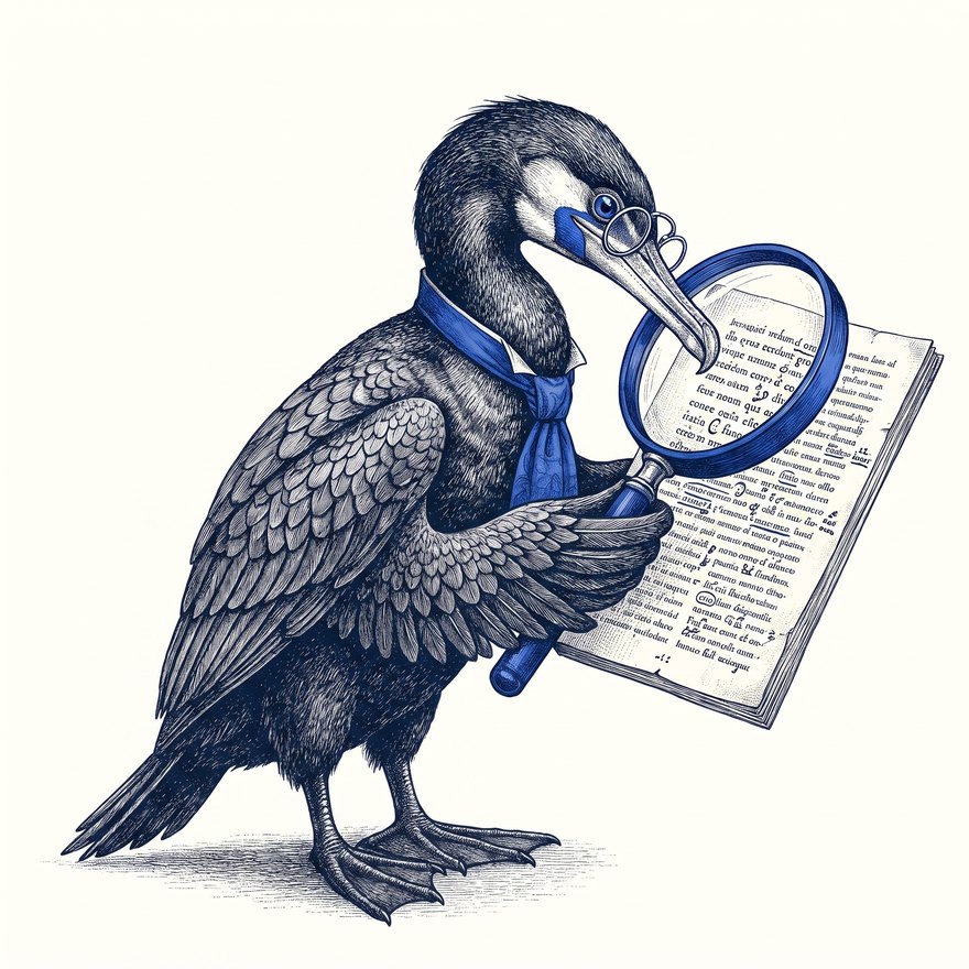 Skarv the cormorant inspecting a manuscript through a magnifying glass